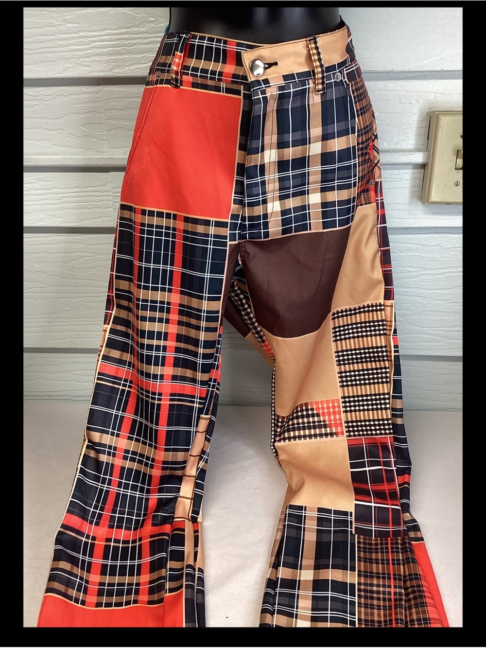Women Patchwork Plaid Wide-Leg Pants - Red, Black & Tan.60